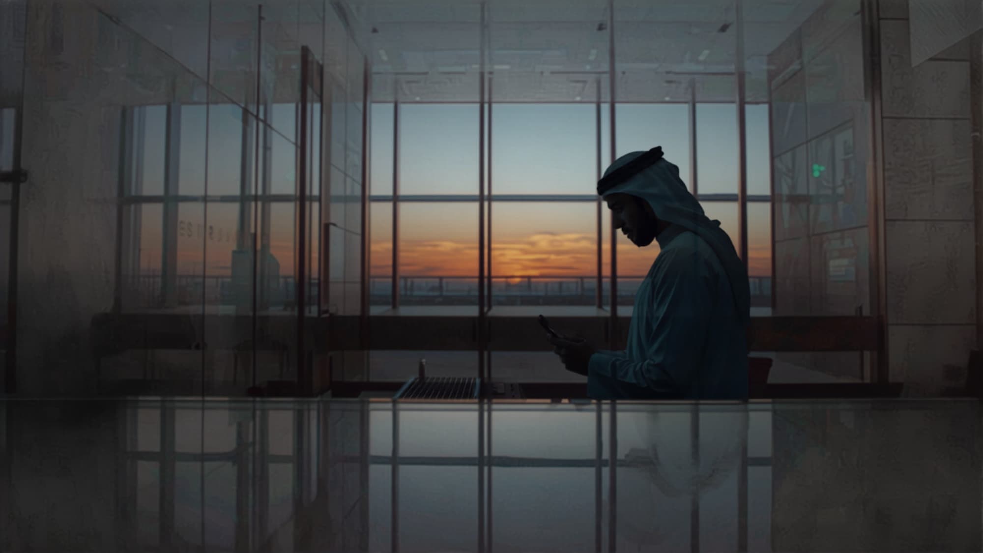 Emirati professional in kandura using a phone at a service counter in Dubai
