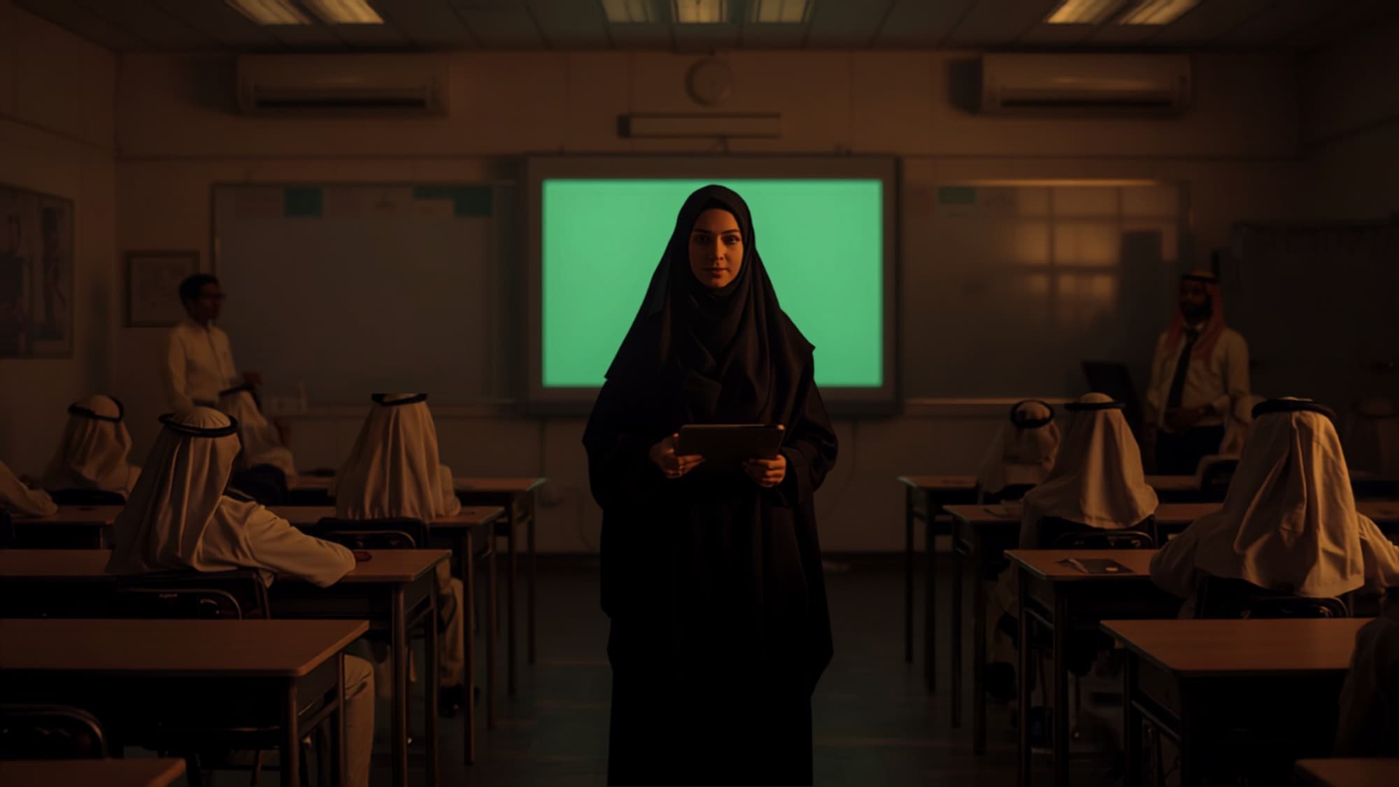 UAE classroom with students at desks and a teacher holding a tablet