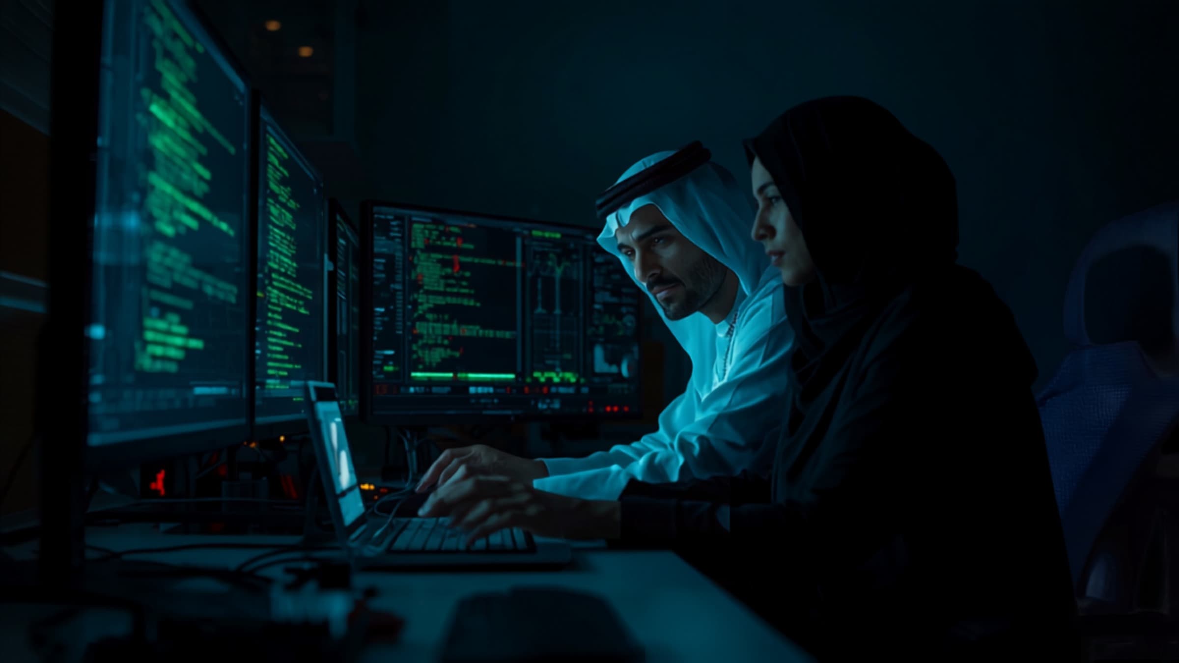 Emirati engineers working at screens in a dark Dubai AI lab